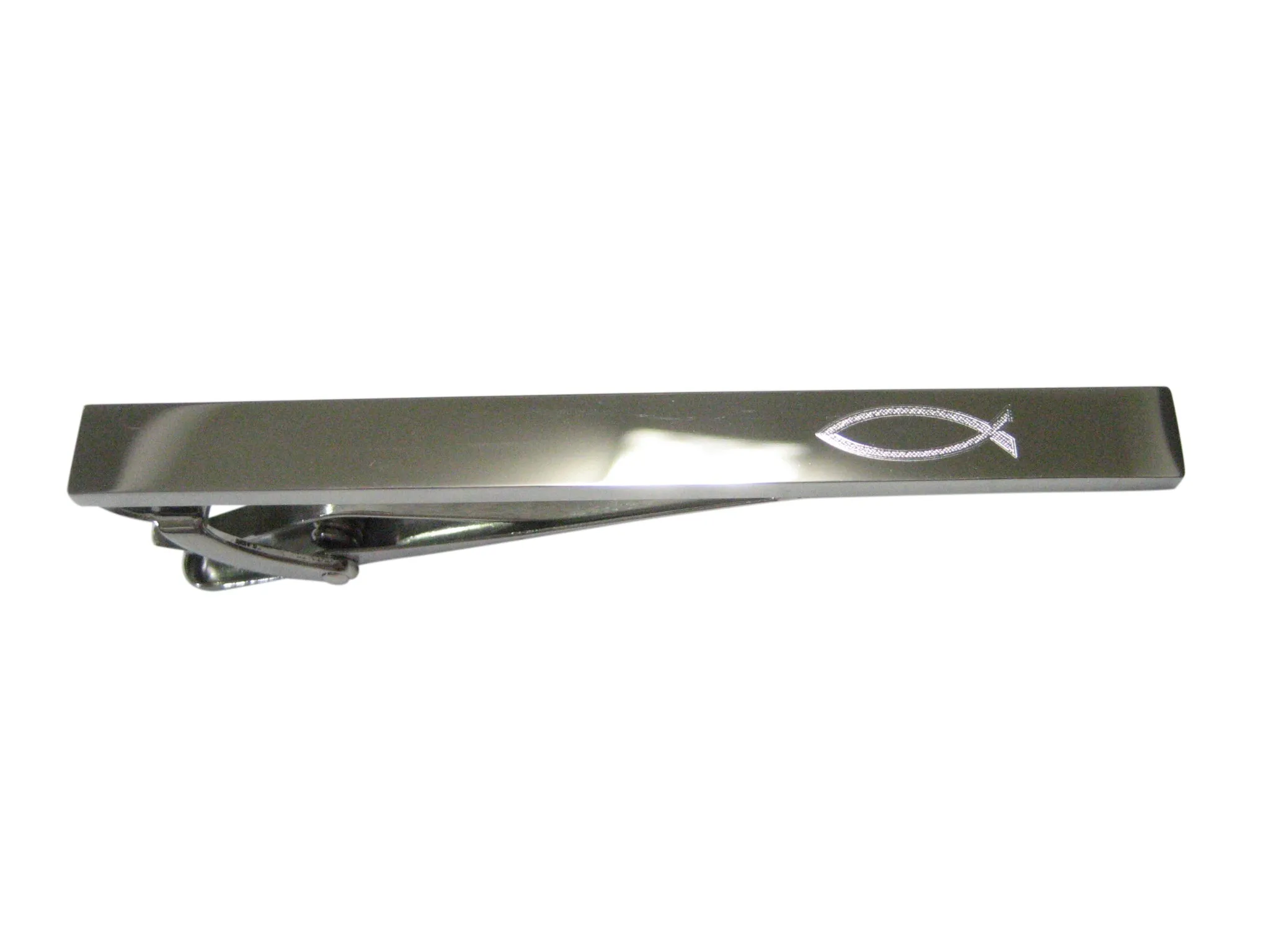 Silver Toned Etched Sleek Religious Ichthys Fish Tie Clip