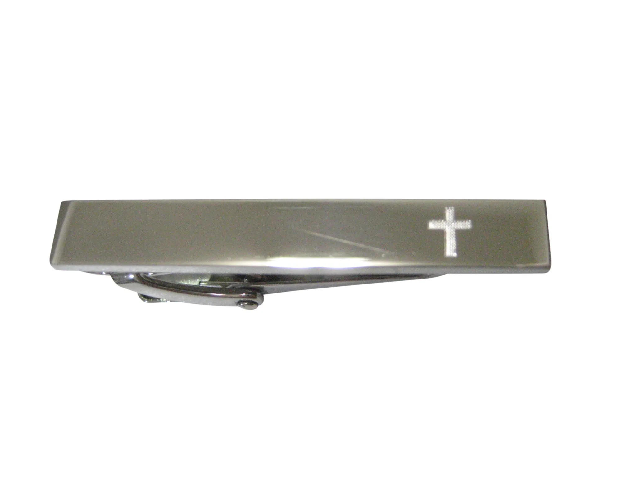 Silver Toned Etched Sleek Thick Religious Cross Skinny Tie Clip