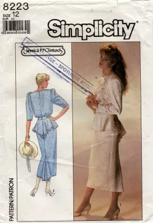 Simplicity 8223 Jessica McClintock Womens Peplum Top & Fishtail Skirt 1980s Vintage Sewing Pattern Size 12 Bust 34 Inches