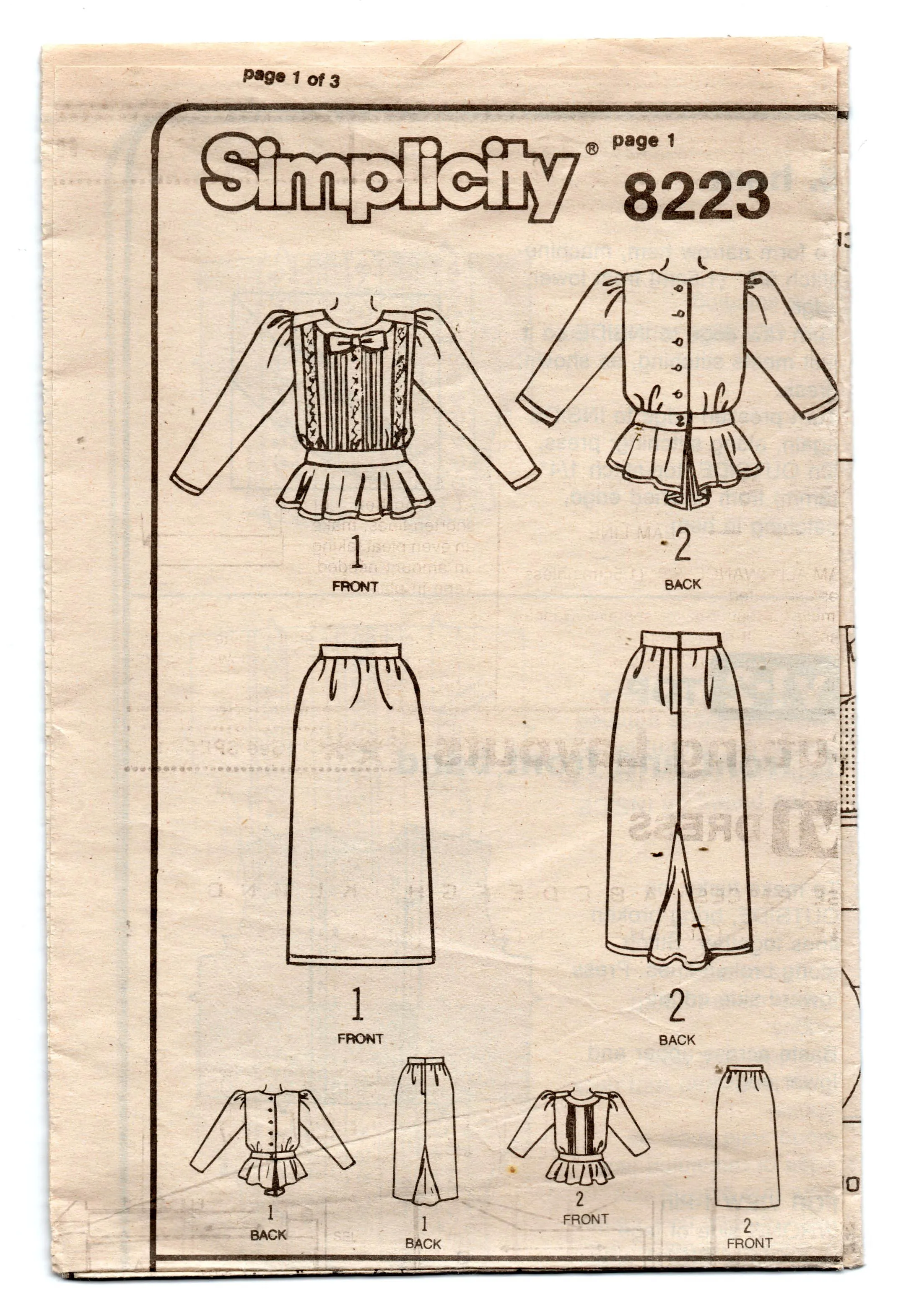 Simplicity 8223 Jessica McClintock Womens Peplum Top & Fishtail Skirt 1980s Vintage Sewing Pattern Size 12 Bust 34 Inches