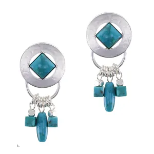 Square Turquoise Gem with Ring and Beads Clip or Post Earrings