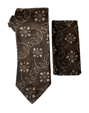Stacy Adams Floral Scroll Tie and Handkerchief - Brown