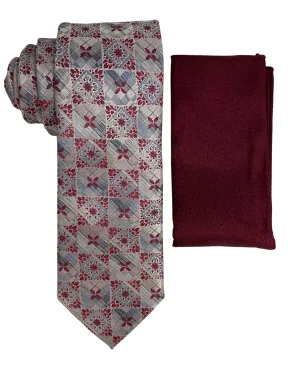Stacy Adams Geo Medallion Tie and Handkerchief - Red & Gray