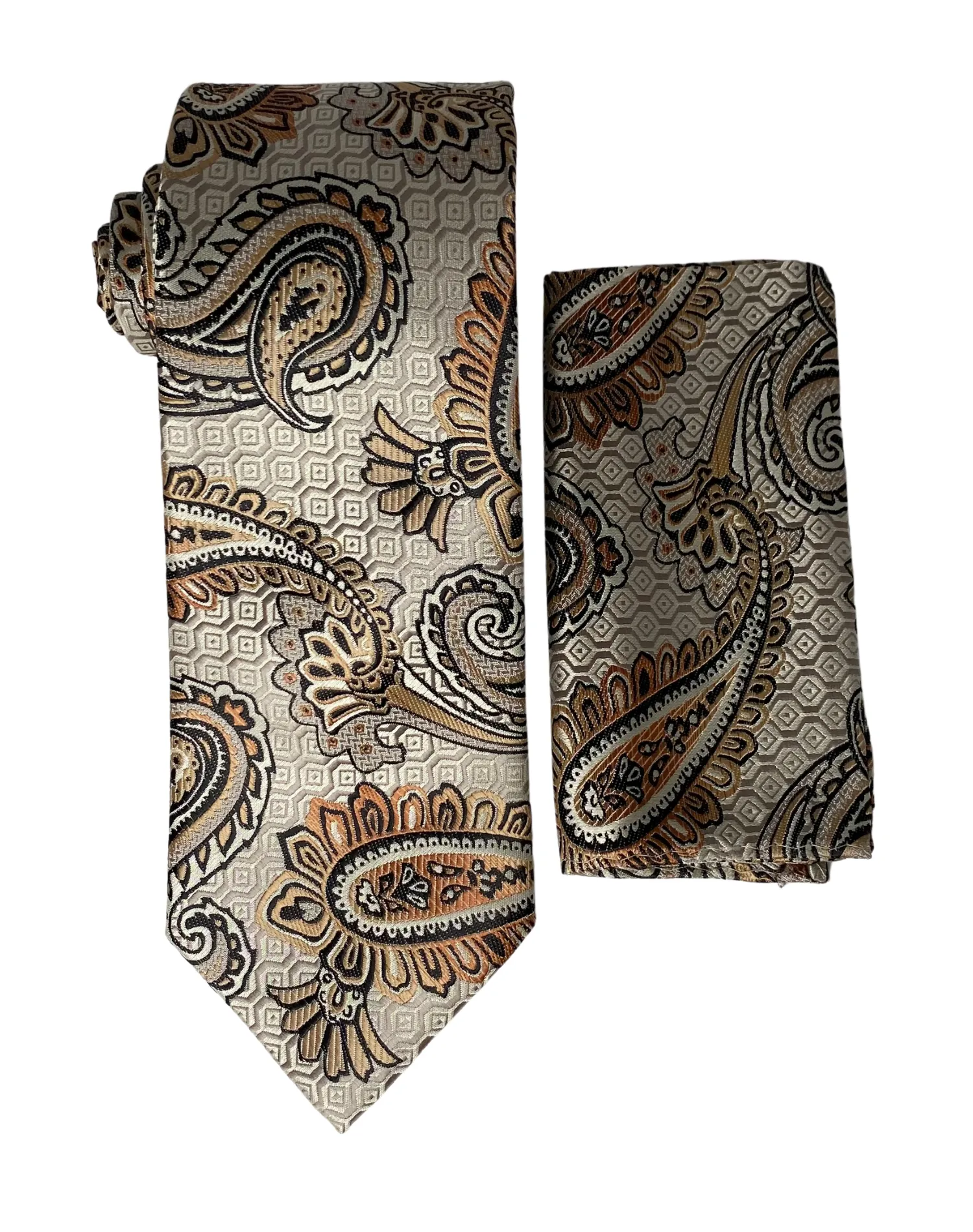 Stacy Adams Geo Paisley Tie and Handkerchief - Beige & Bronze