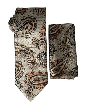 Stacy Adams Geo Paisley Tie and Handkerchief - Beige & Bronze