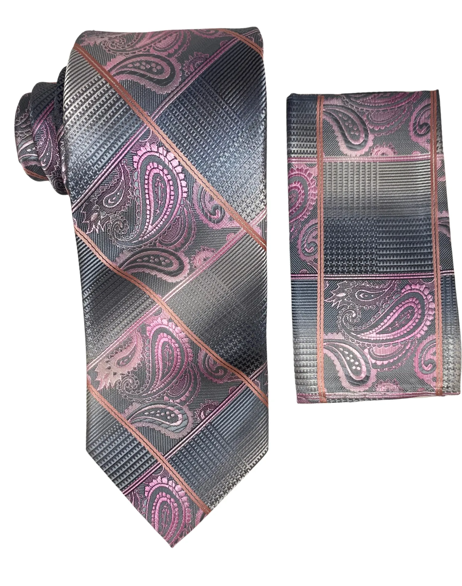 Stacy Adams Geo Paisley Tie and Handkerchief - Pink & Gray