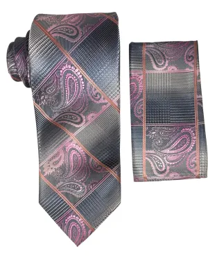 Stacy Adams Geo Paisley Tie and Handkerchief - Pink & Gray