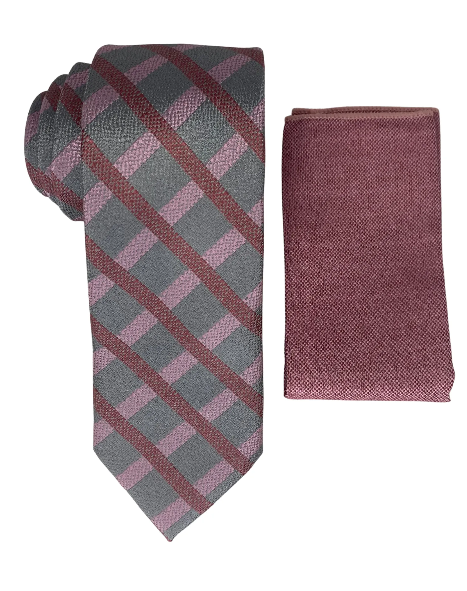 Stacy Adams Geometric Tie and Handkerchief - Gray & Rose Pink
