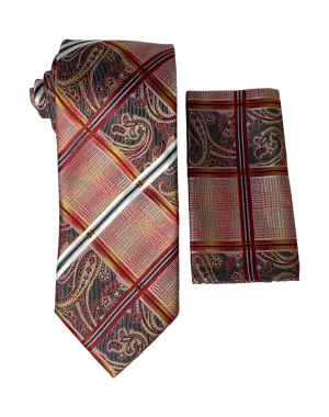 Stacy Adams Paisley Plaid Tie and Handkerchief - Red, Orange and Charcoal