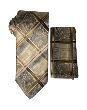 Stacy Adams Paisley Plaid Tie and Handkerchief - Tan & Brown