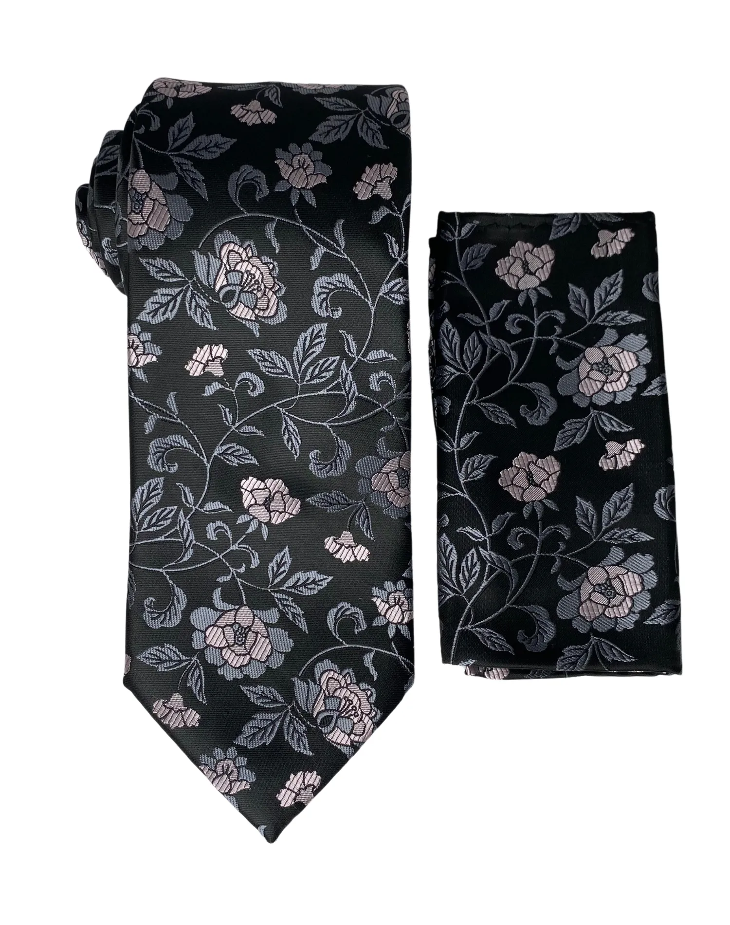 Stacy Adams Rosed Tie and Handkerchief - Black & Pink