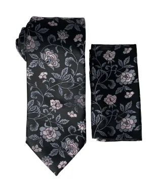 Stacy Adams Rosed Tie and Handkerchief - Black & Pink