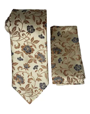 Stacy Adams Rosed Tie and Handkerchief - Cream & Brown