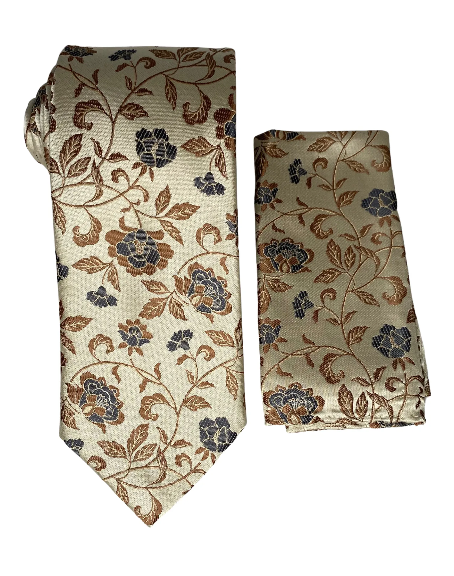 Stacy Adams Rosed Tie and Handkerchief - Cream & Brown