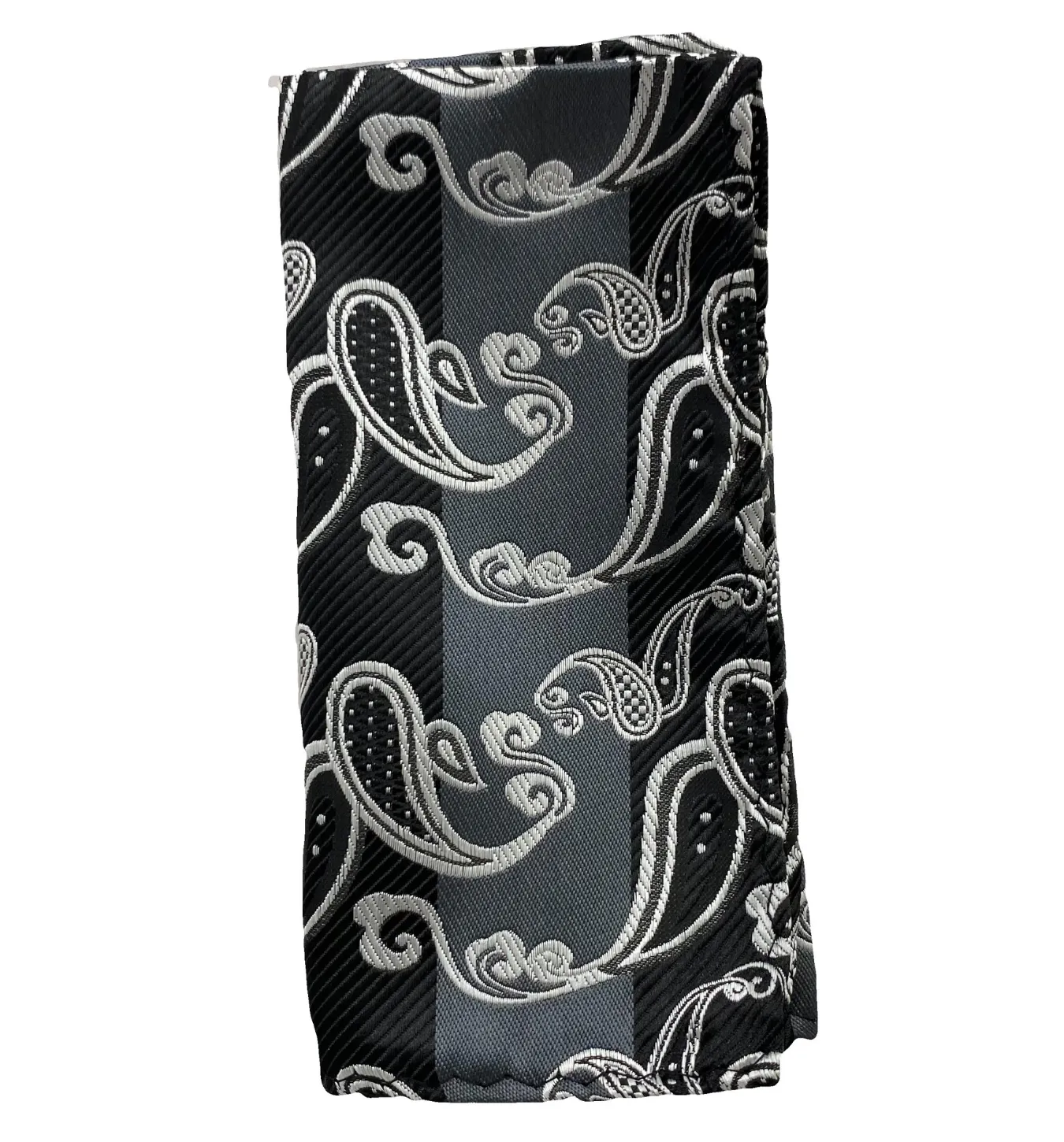 Stacy Adams Tie and Handkerchief - Black and Grey Striped Paisley T34