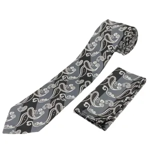 Stacy Adams Tie and Handkerchief - Black and Grey Striped Paisley T34