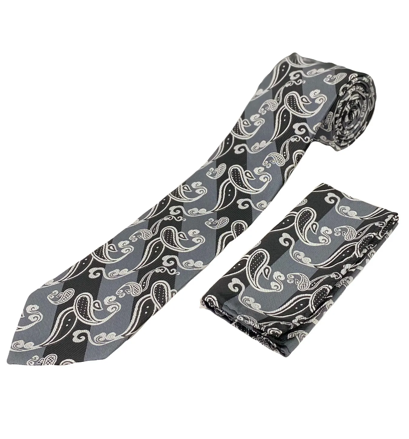 Stacy Adams Tie and Handkerchief - Black and Grey Striped Paisley T34