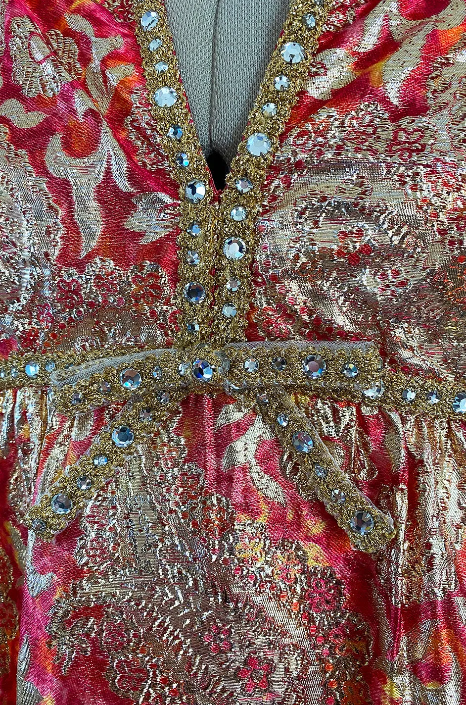 Stunning 1960s Malcolm Starr Light Silk Brocade Coral Red & Gold Metallic Thread Dress