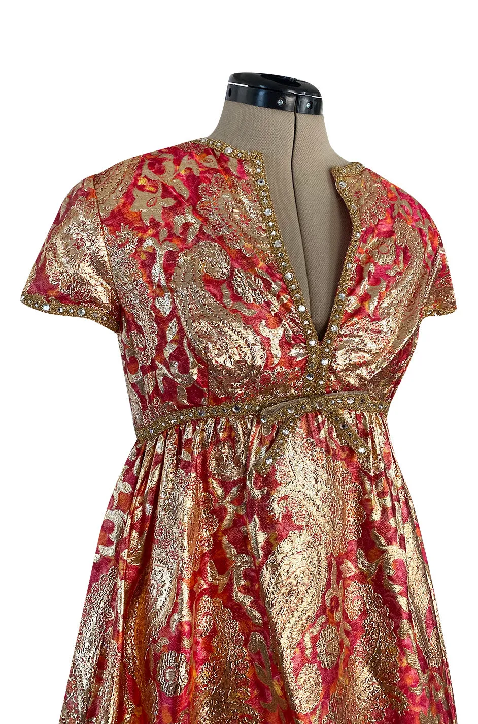 Stunning 1960s Malcolm Starr Light Silk Brocade Coral Red & Gold Metallic Thread Dress