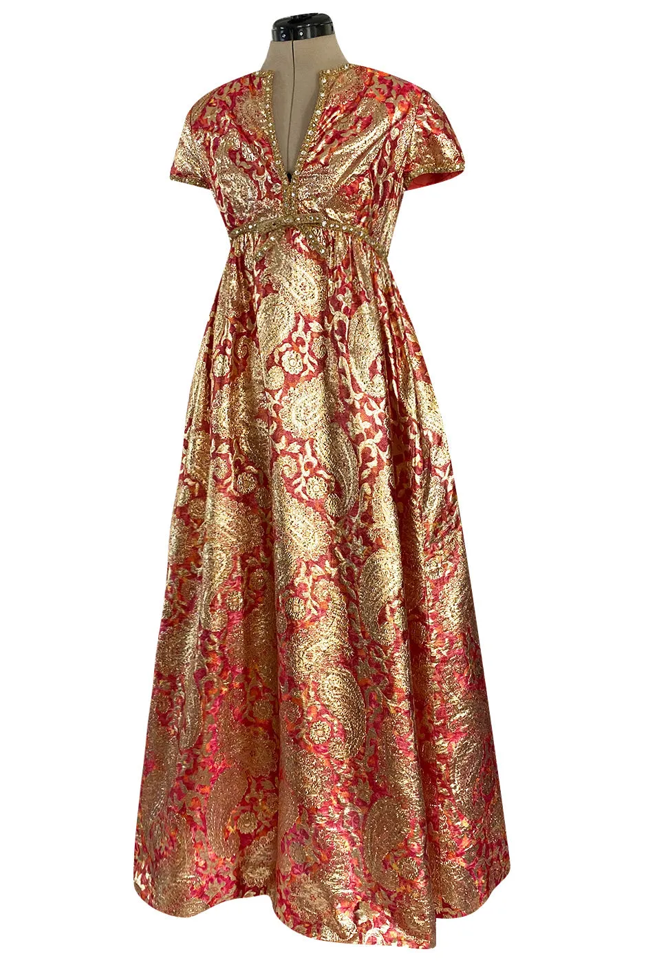 Stunning 1960s Malcolm Starr Light Silk Brocade Coral Red & Gold Metallic Thread Dress
