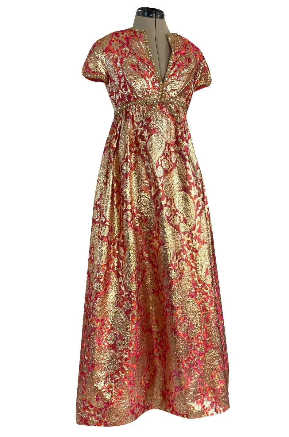 Stunning 1960s Malcolm Starr Light Silk Brocade Coral Red & Gold Metallic Thread Dress