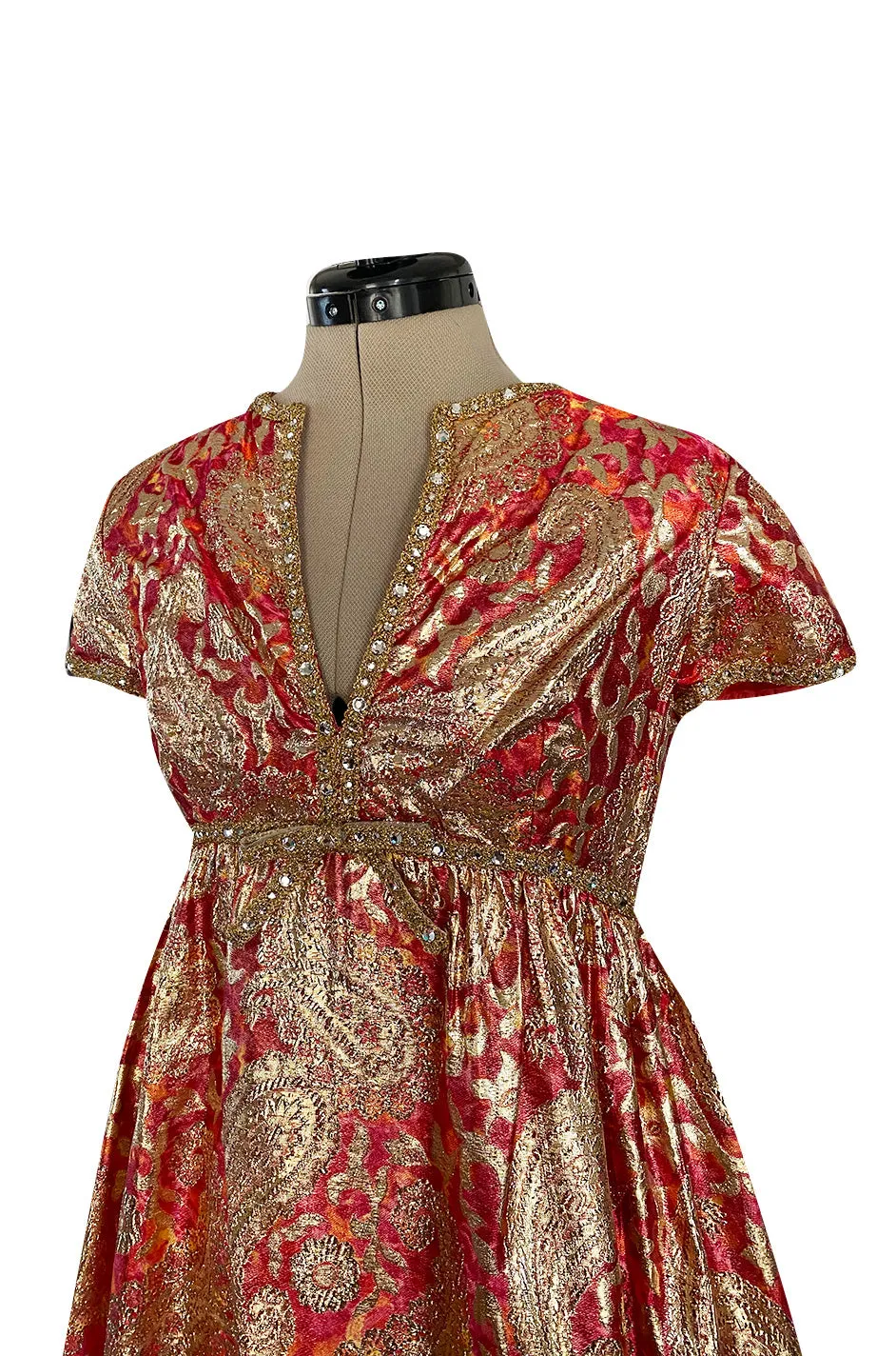 Stunning 1960s Malcolm Starr Light Silk Brocade Coral Red & Gold Metallic Thread Dress