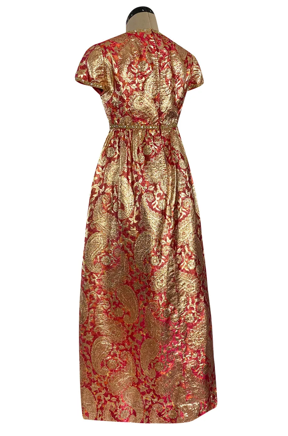 Stunning 1960s Malcolm Starr Light Silk Brocade Coral Red & Gold Metallic Thread Dress