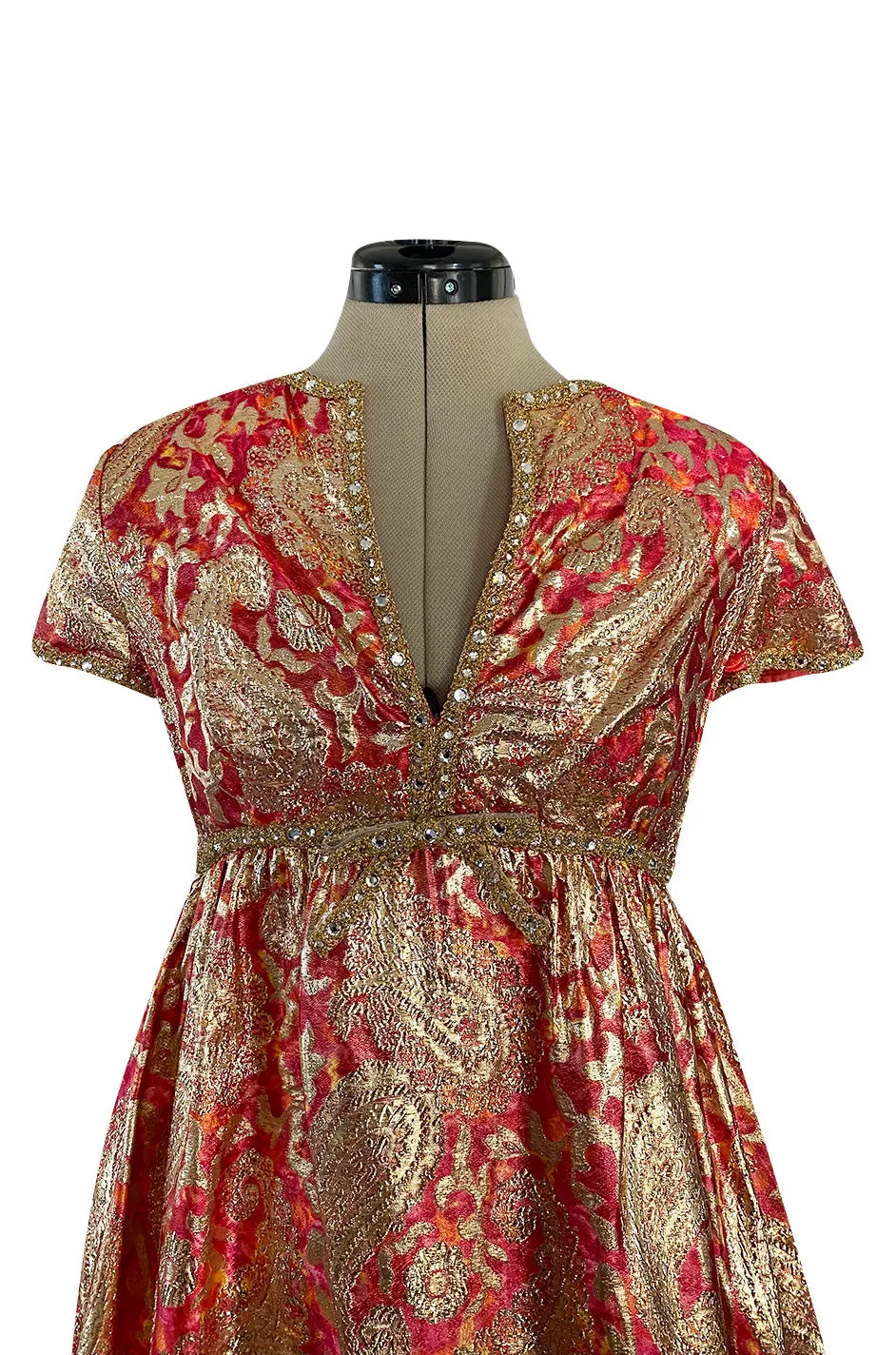 Stunning 1960s Malcolm Starr Light Silk Brocade Coral Red & Gold Metallic Thread Dress