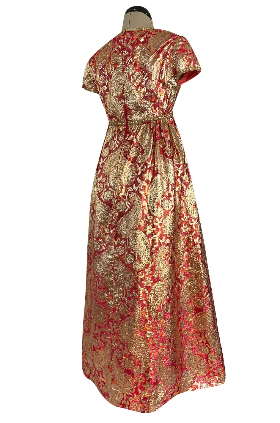 Stunning 1960s Malcolm Starr Light Silk Brocade Coral Red & Gold Metallic Thread Dress