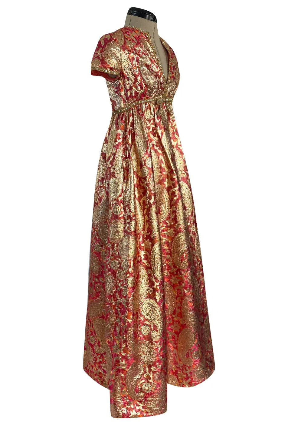 Stunning 1960s Malcolm Starr Light Silk Brocade Coral Red & Gold Metallic Thread Dress