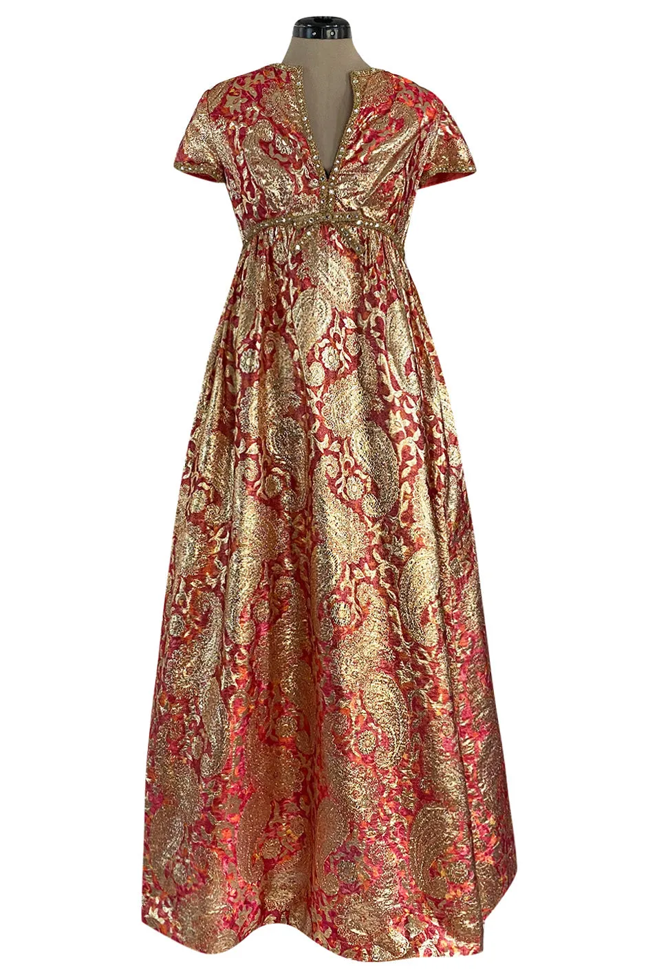 Stunning 1960s Malcolm Starr Light Silk Brocade Coral Red & Gold Metallic Thread Dress
