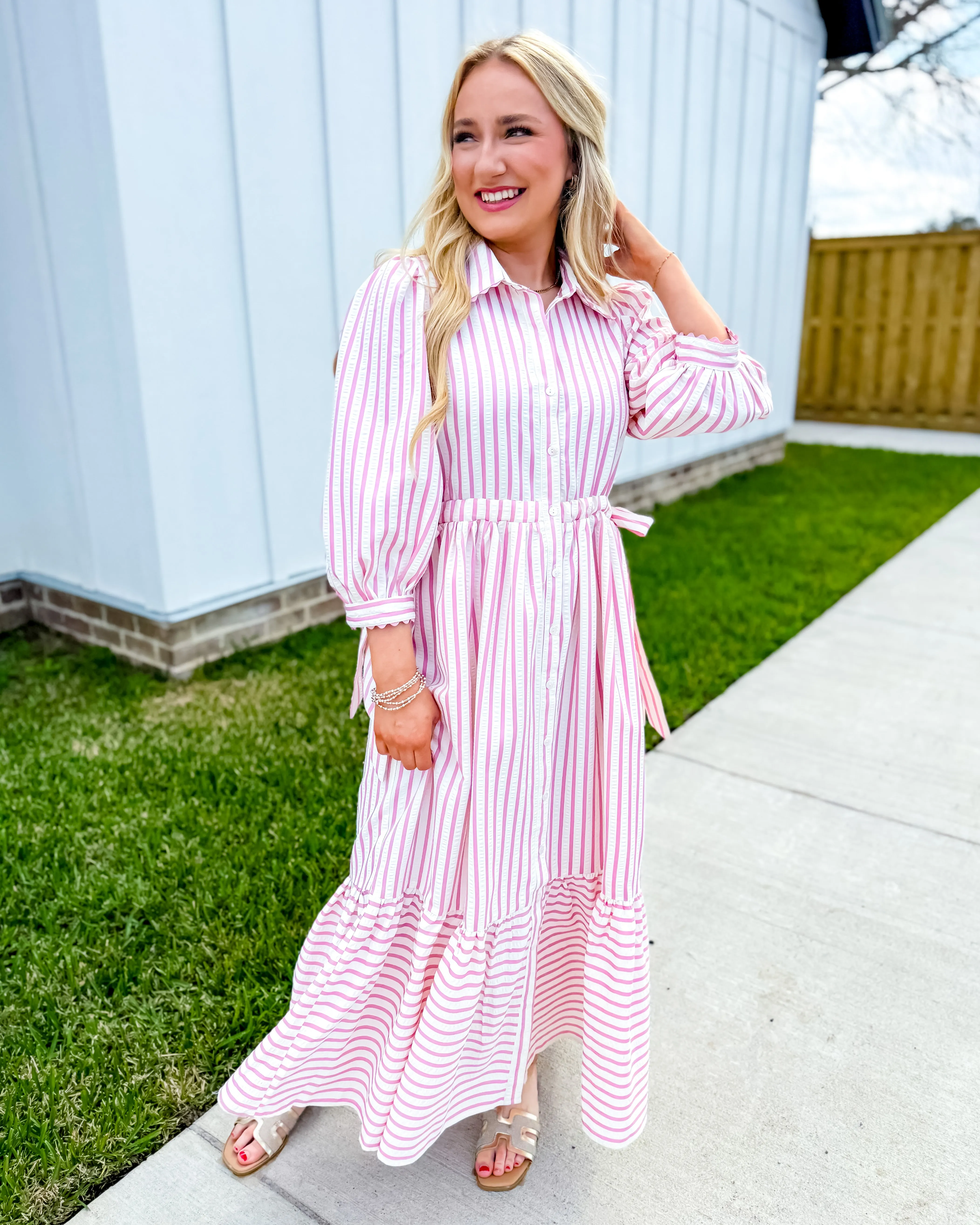 Textured Striped Button Down Midi Dress