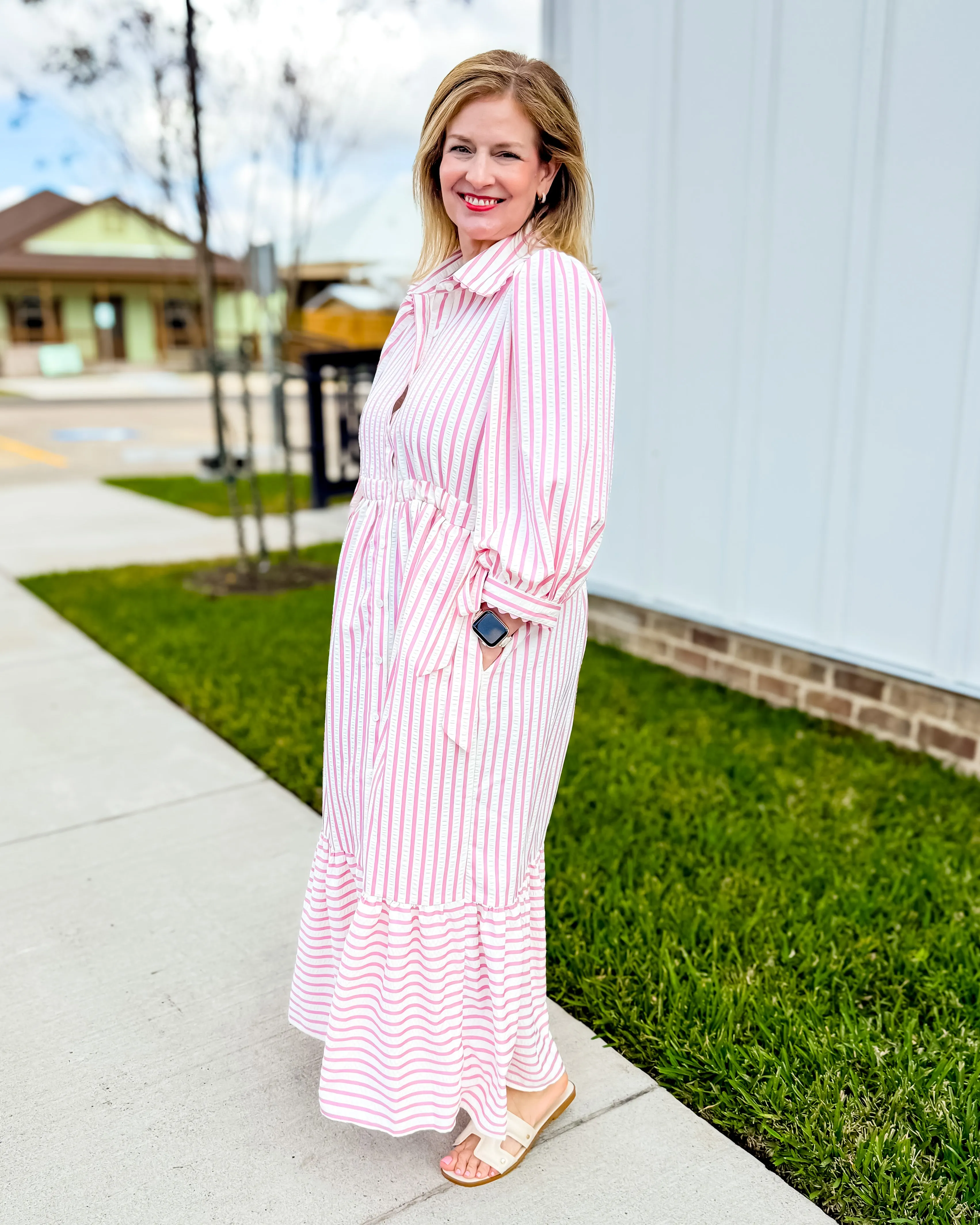 Textured Striped Button Down Midi Dress