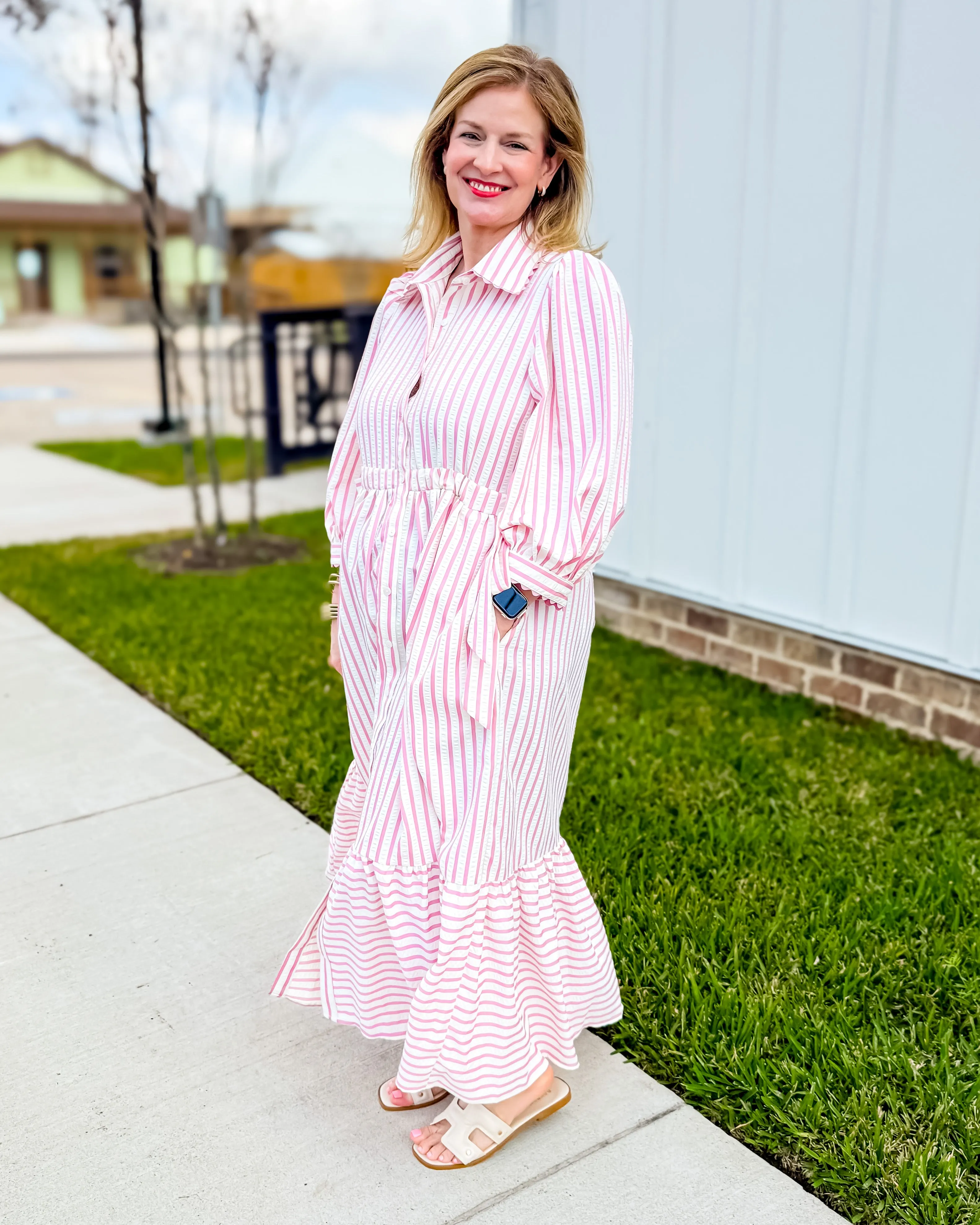 Textured Striped Button Down Midi Dress