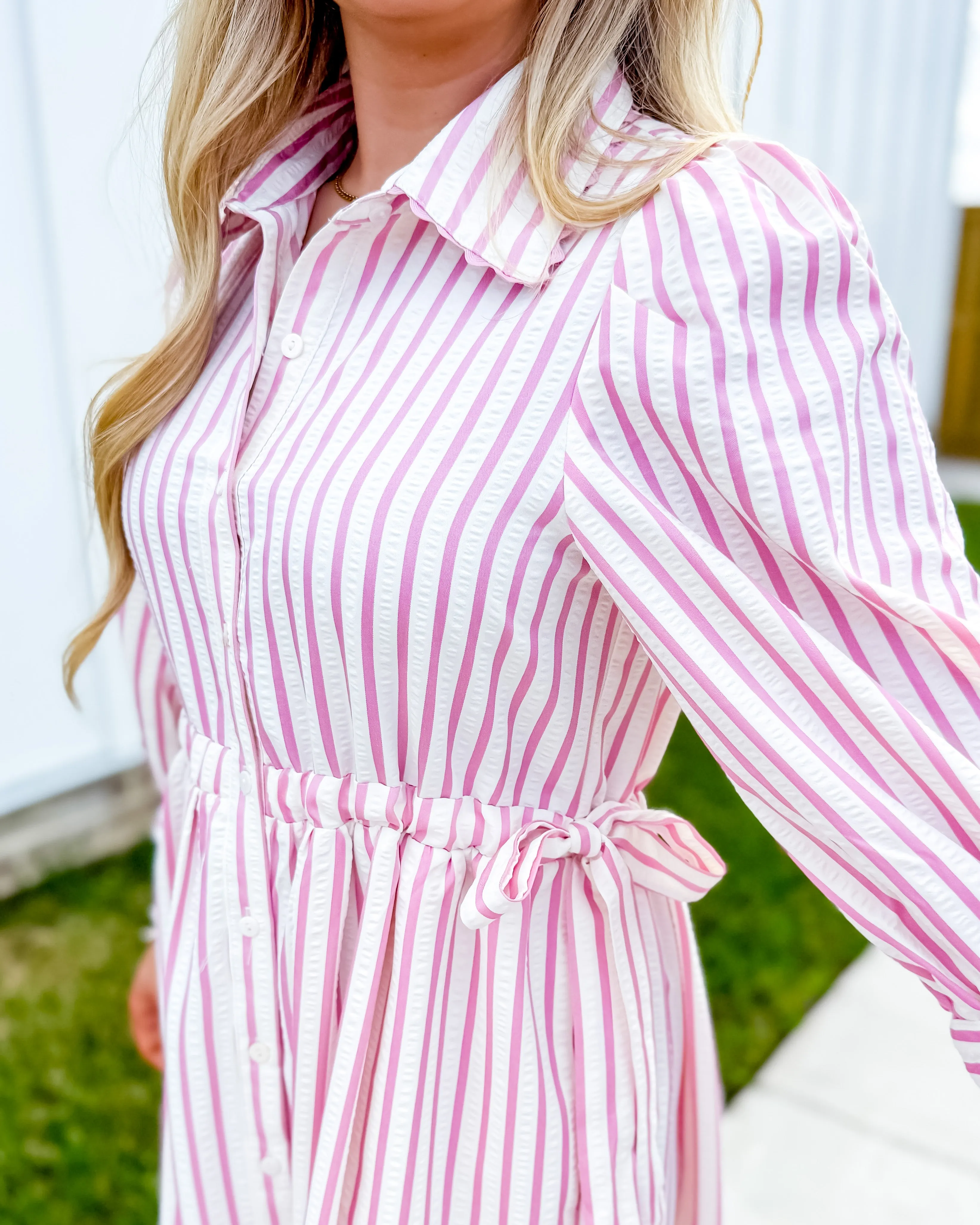 Textured Striped Button Down Midi Dress