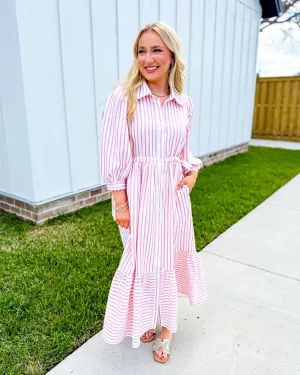 Textured Striped Button Down Midi Dress