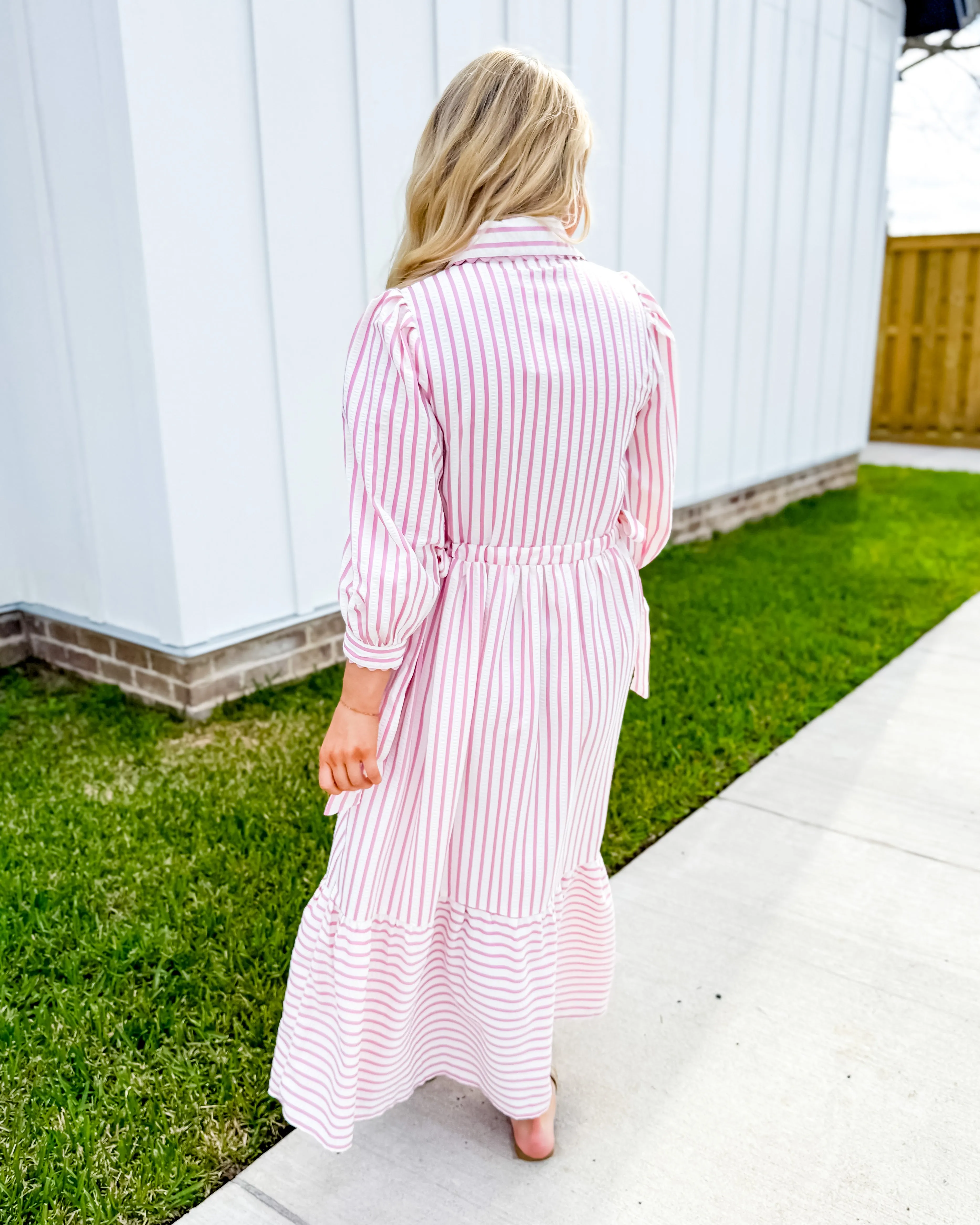Textured Striped Button Down Midi Dress