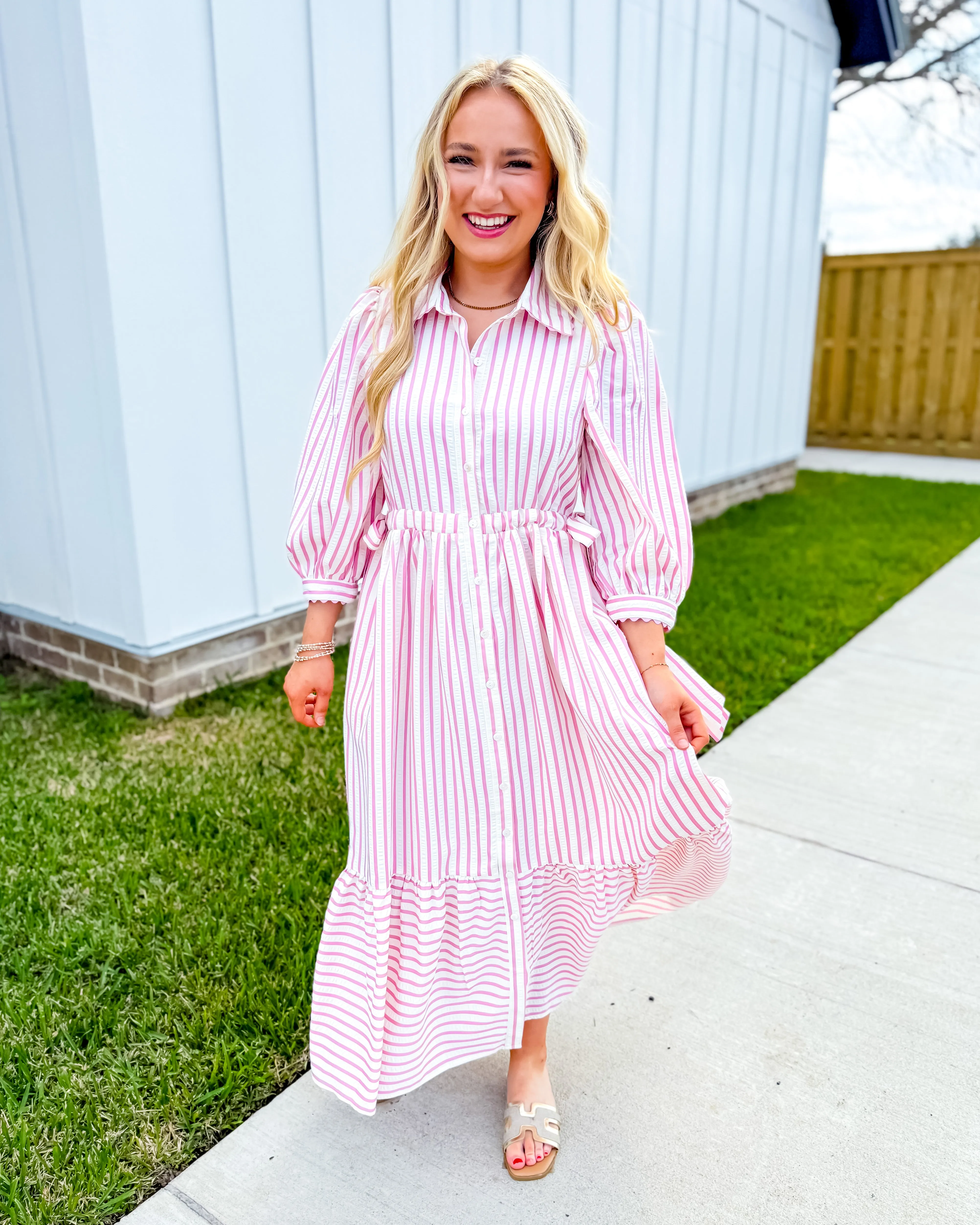 Textured Striped Button Down Midi Dress
