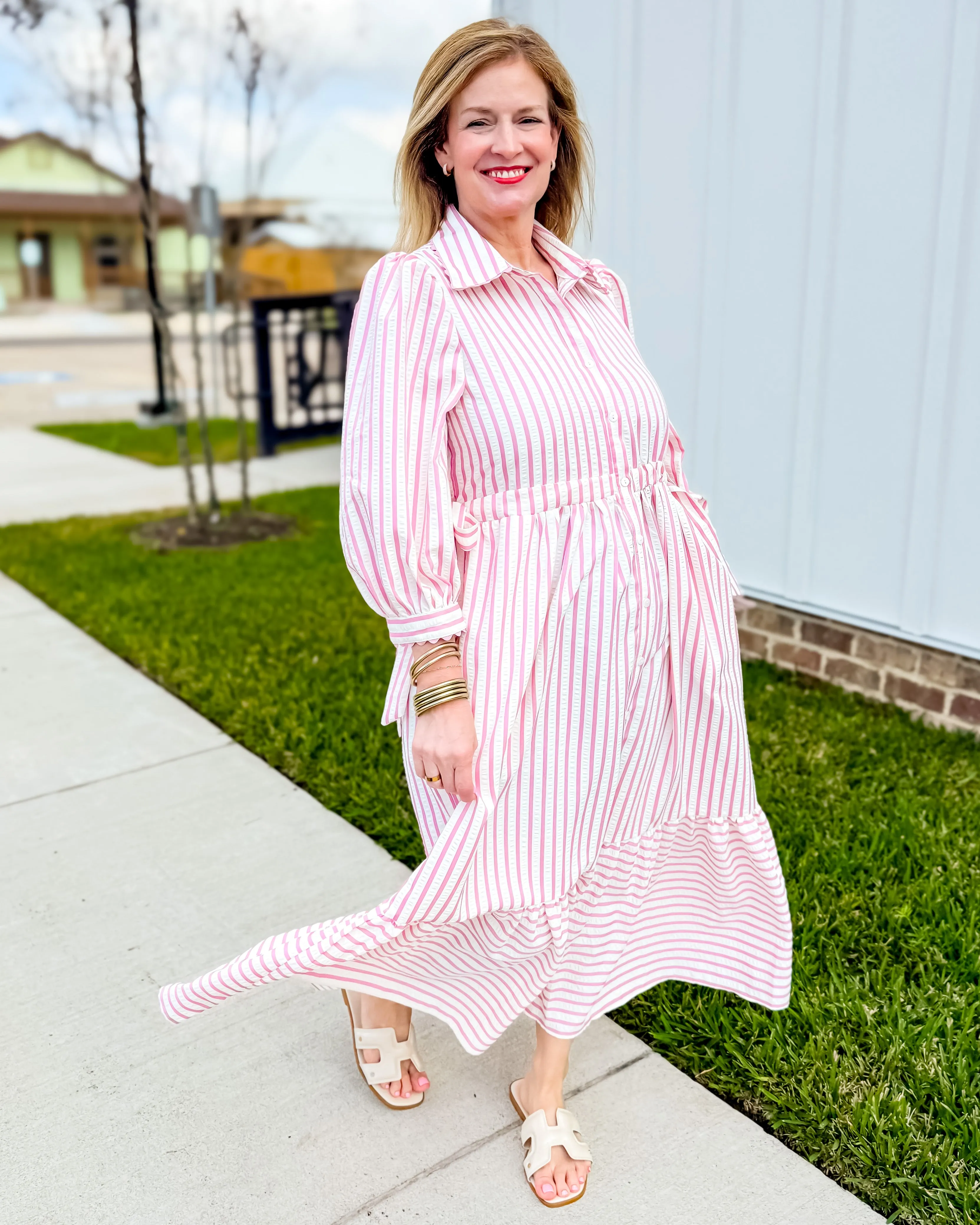 Textured Striped Button Down Midi Dress