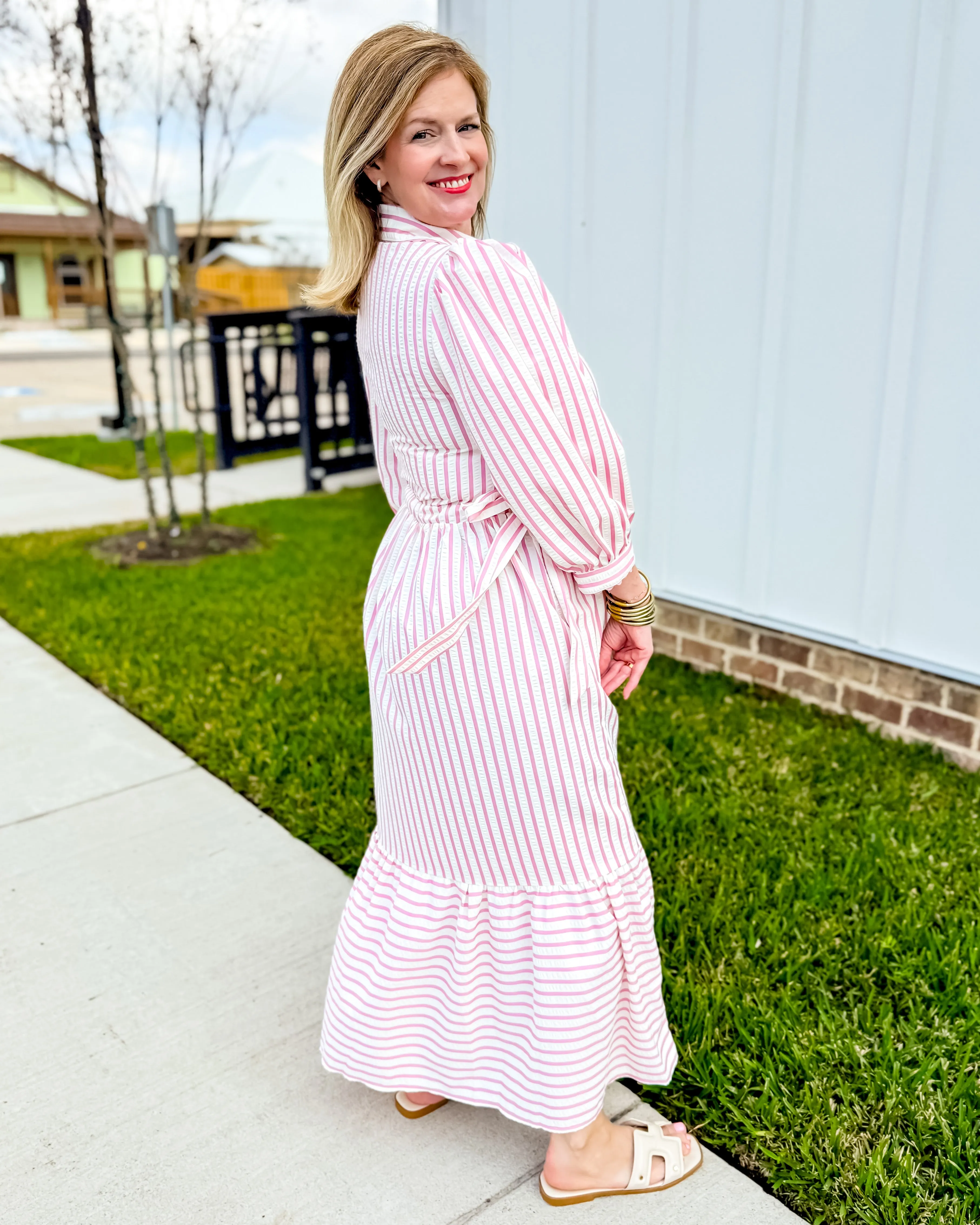 Textured Striped Button Down Midi Dress