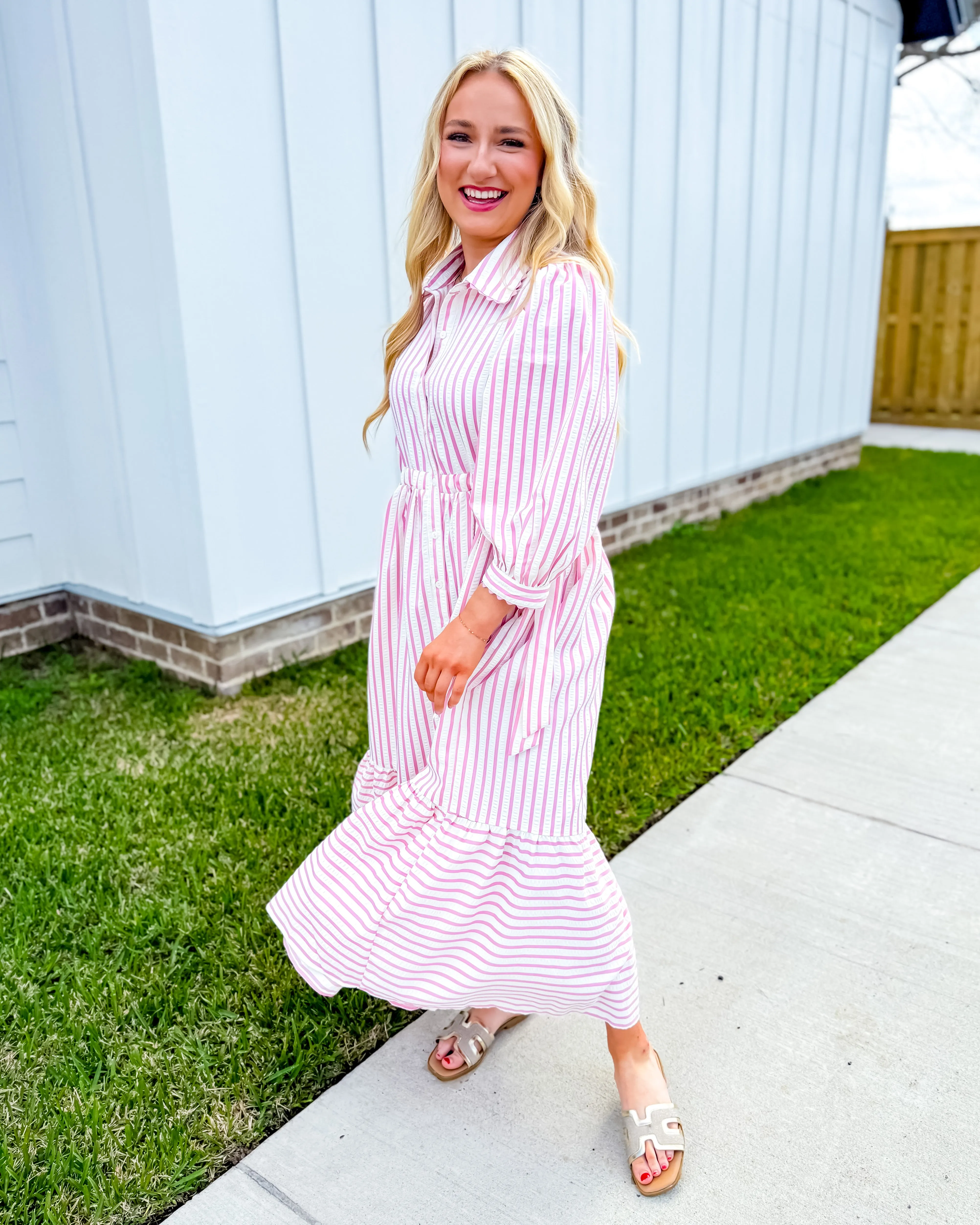 Textured Striped Button Down Midi Dress