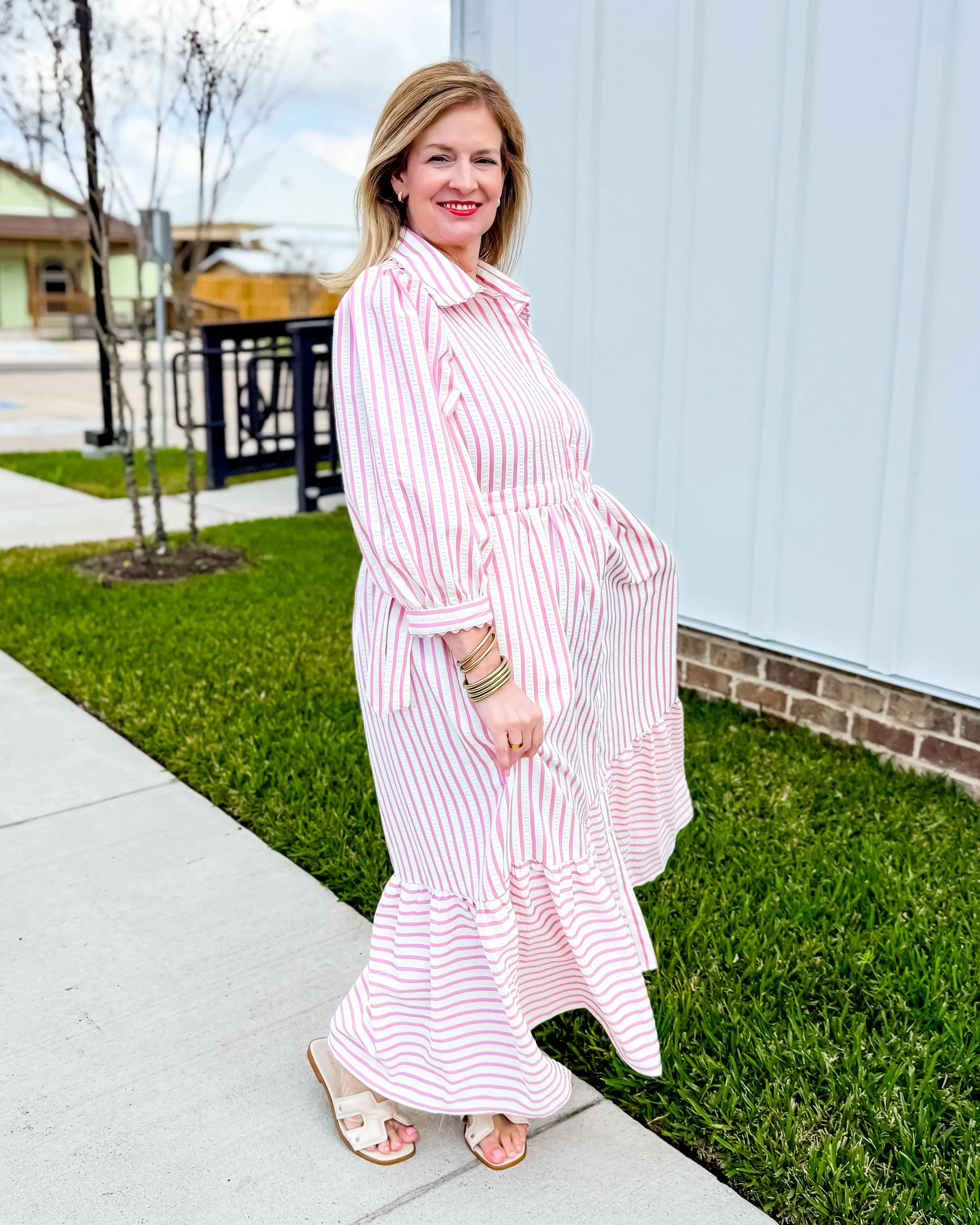 Textured Striped Button Down Midi Dress