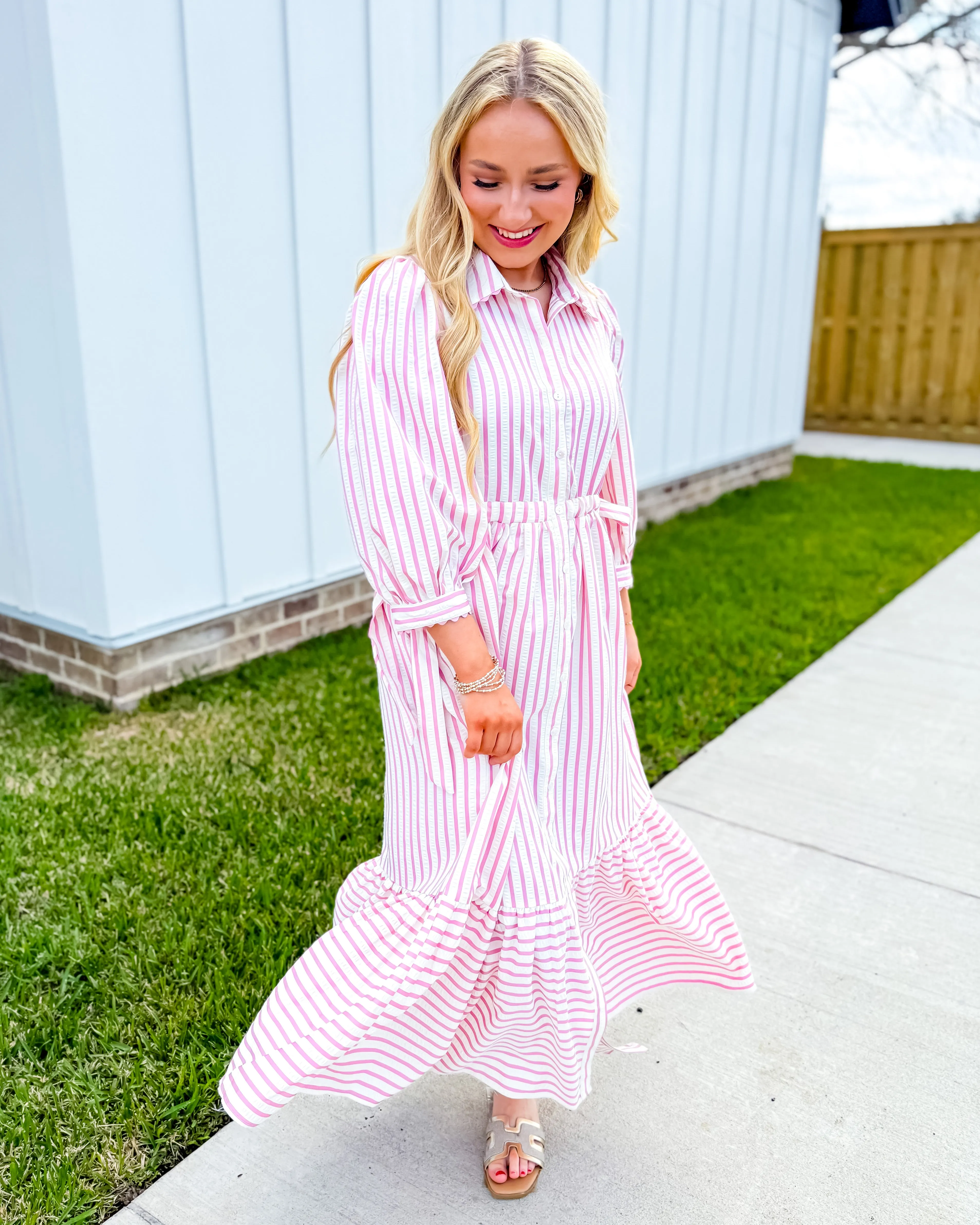 Textured Striped Button Down Midi Dress