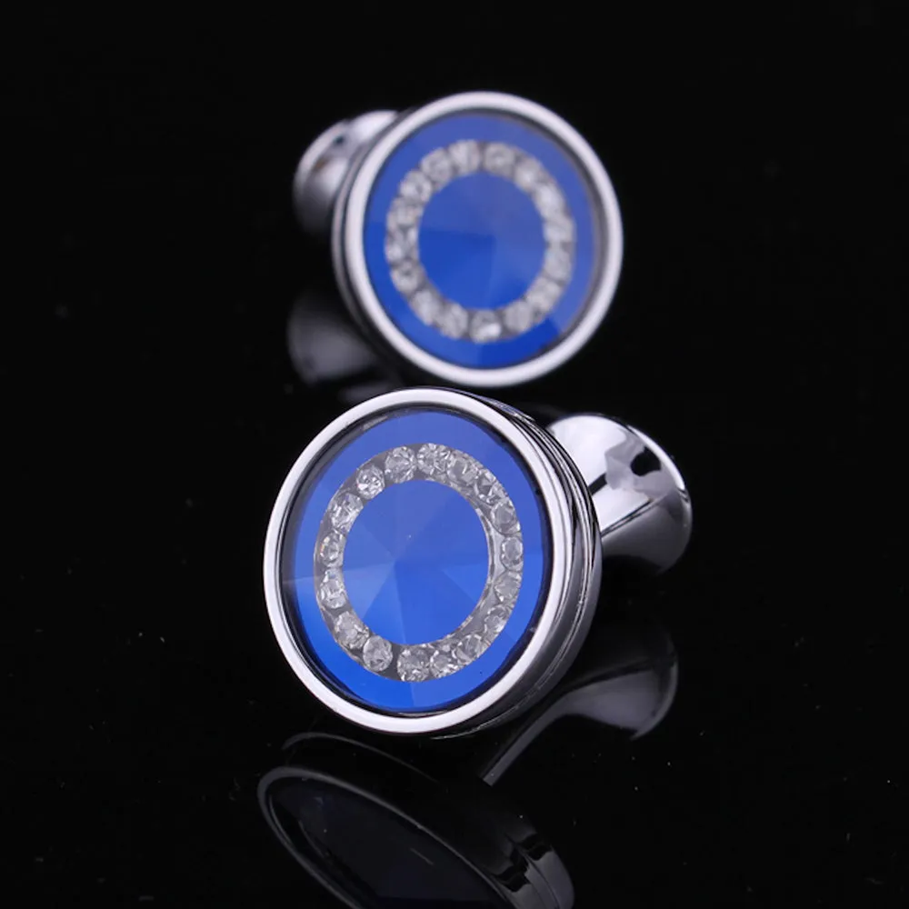 Topaz Blue With Stones Mens Stainless Steel Round Cufflinks for Shirt with Box - Hand Crafted