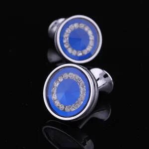 Topaz Blue With Stones Mens Stainless Steel Round Cufflinks for Shirt with Box - Hand Crafted