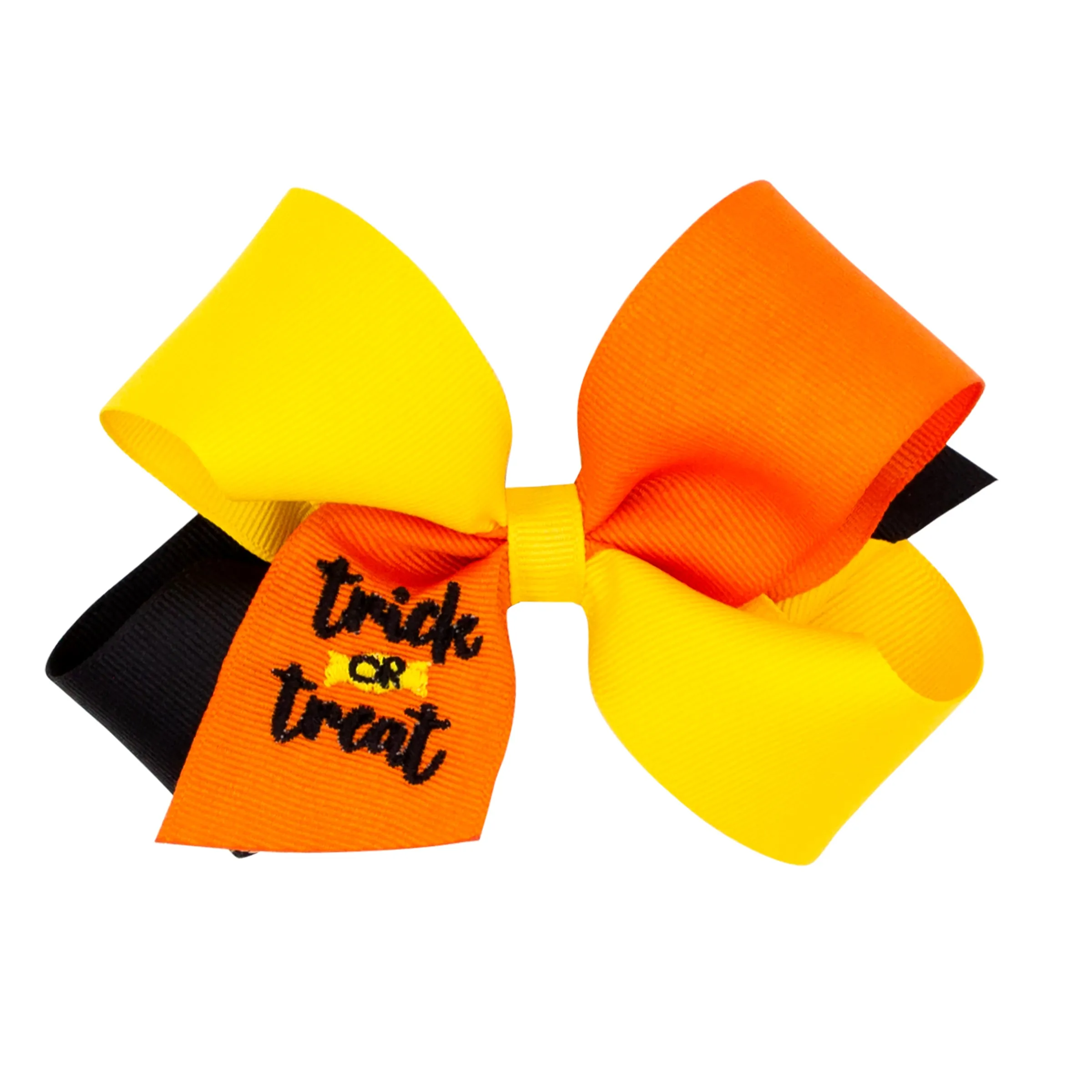 Trick or Treat Embroidered Tri-Color Grosgrain Hair Bow on Clippie