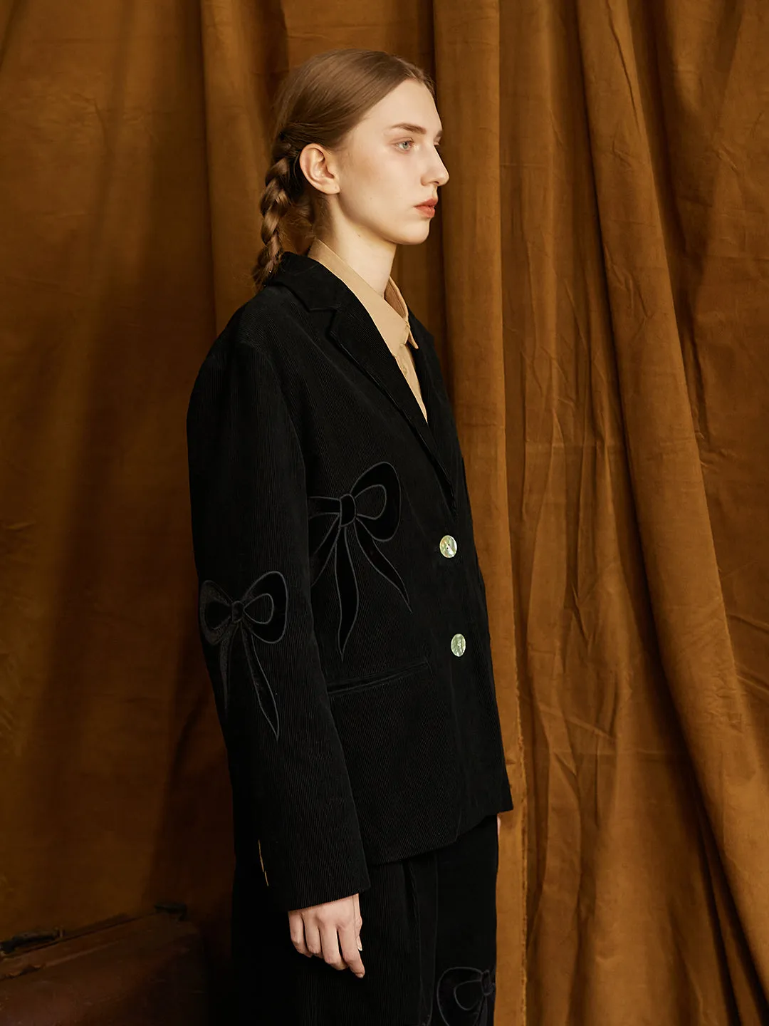 Unlogical Poem Bow-knot Appliques Black Cotton corduroy Blazer