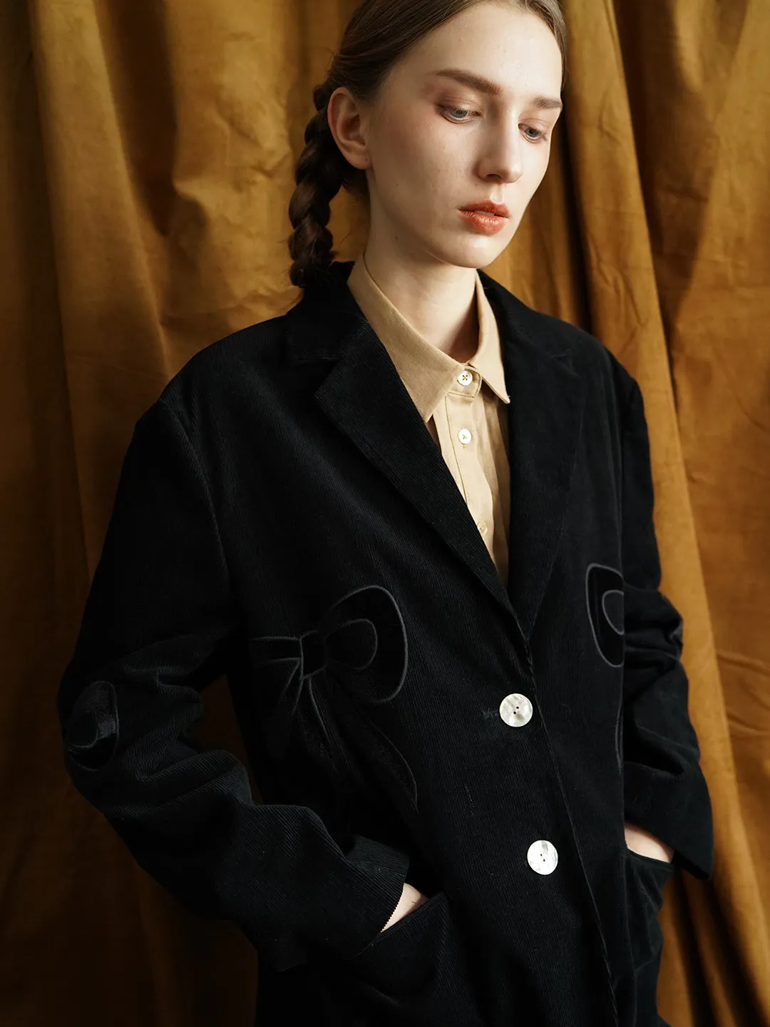 Unlogical Poem Bow-knot Appliques Black Cotton corduroy Blazer