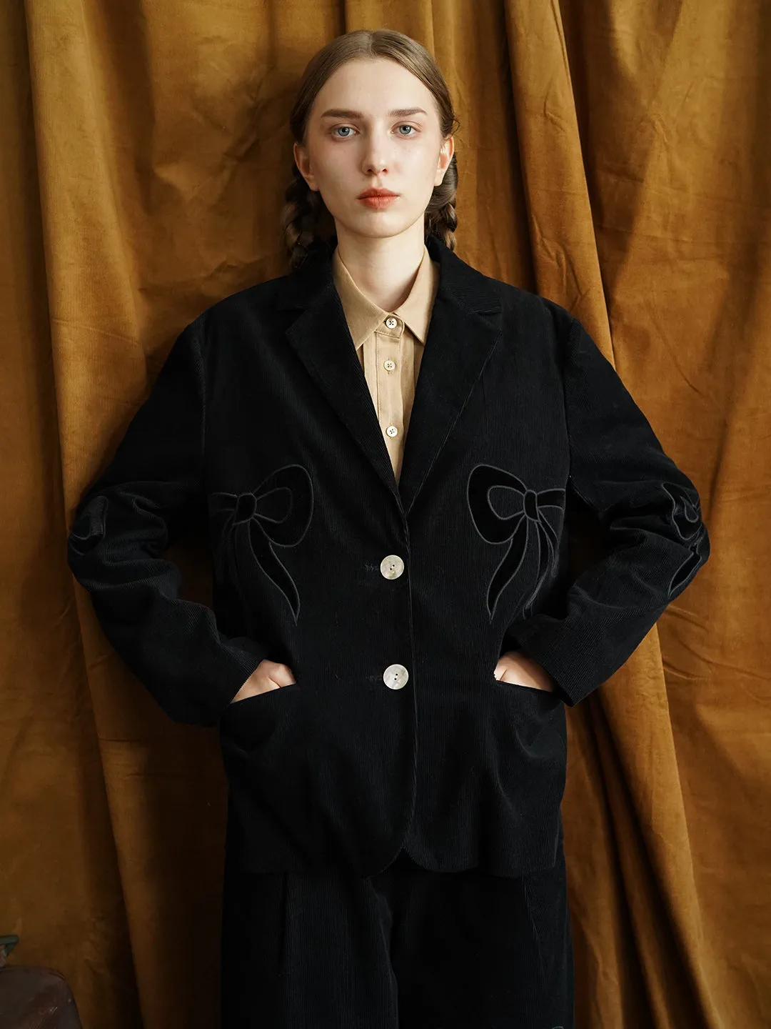 Unlogical Poem Bow-knot Appliques Black Cotton corduroy Blazer