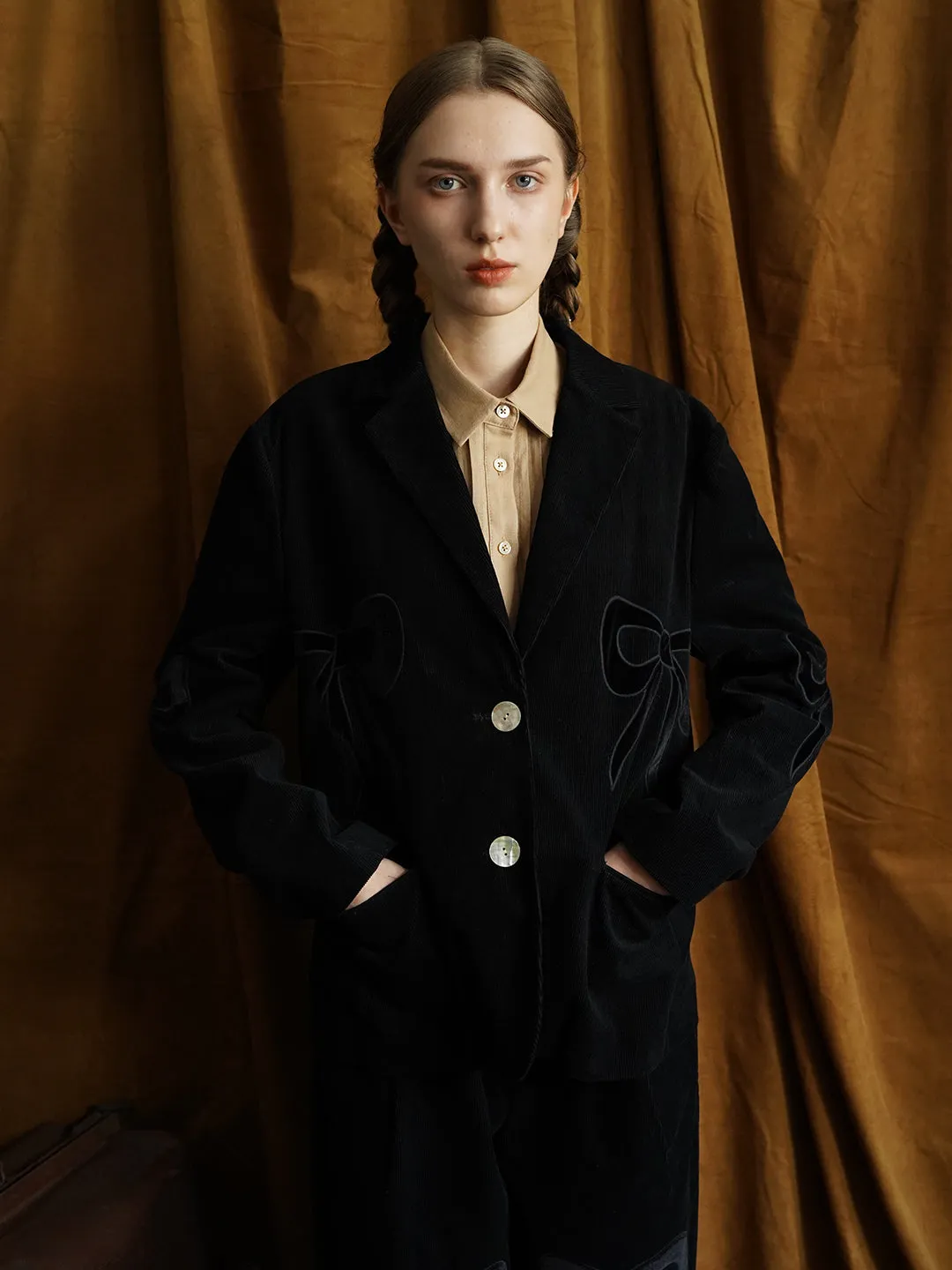 Unlogical Poem Bow-knot Appliques Black Cotton corduroy Blazer